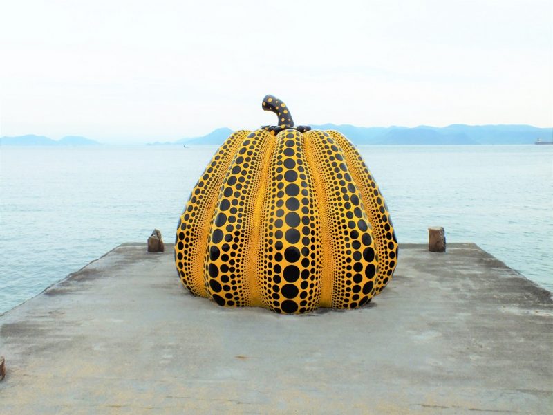 a picture of Yayoi Kusama's Yellow Pumpkin on Naoshima